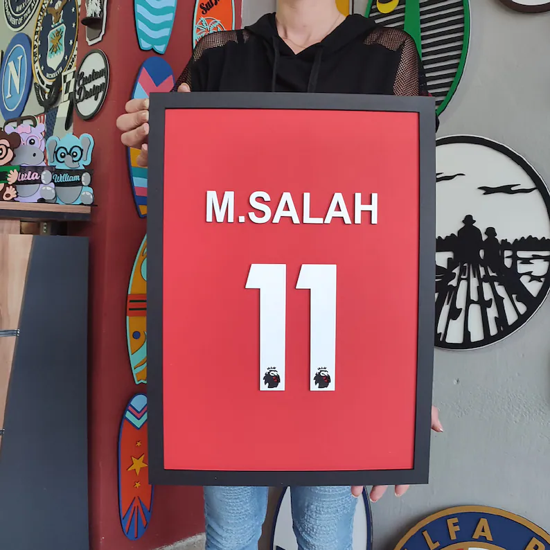 Mohamed Salah Wooden Wall Art. Mohamed Salah Number 11 Jersey Design. M. Salah Liverpool FC, M. Salah Egypt national football team.