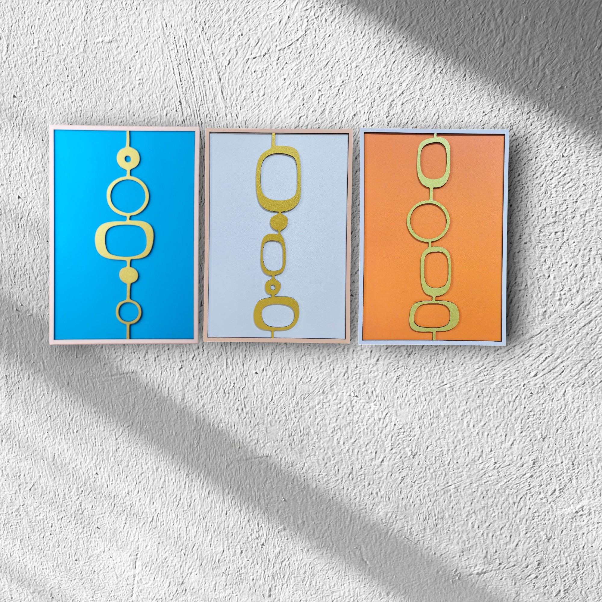 Hand-Painted Geometric Wood Wall Art – Mid-Century Modern Set