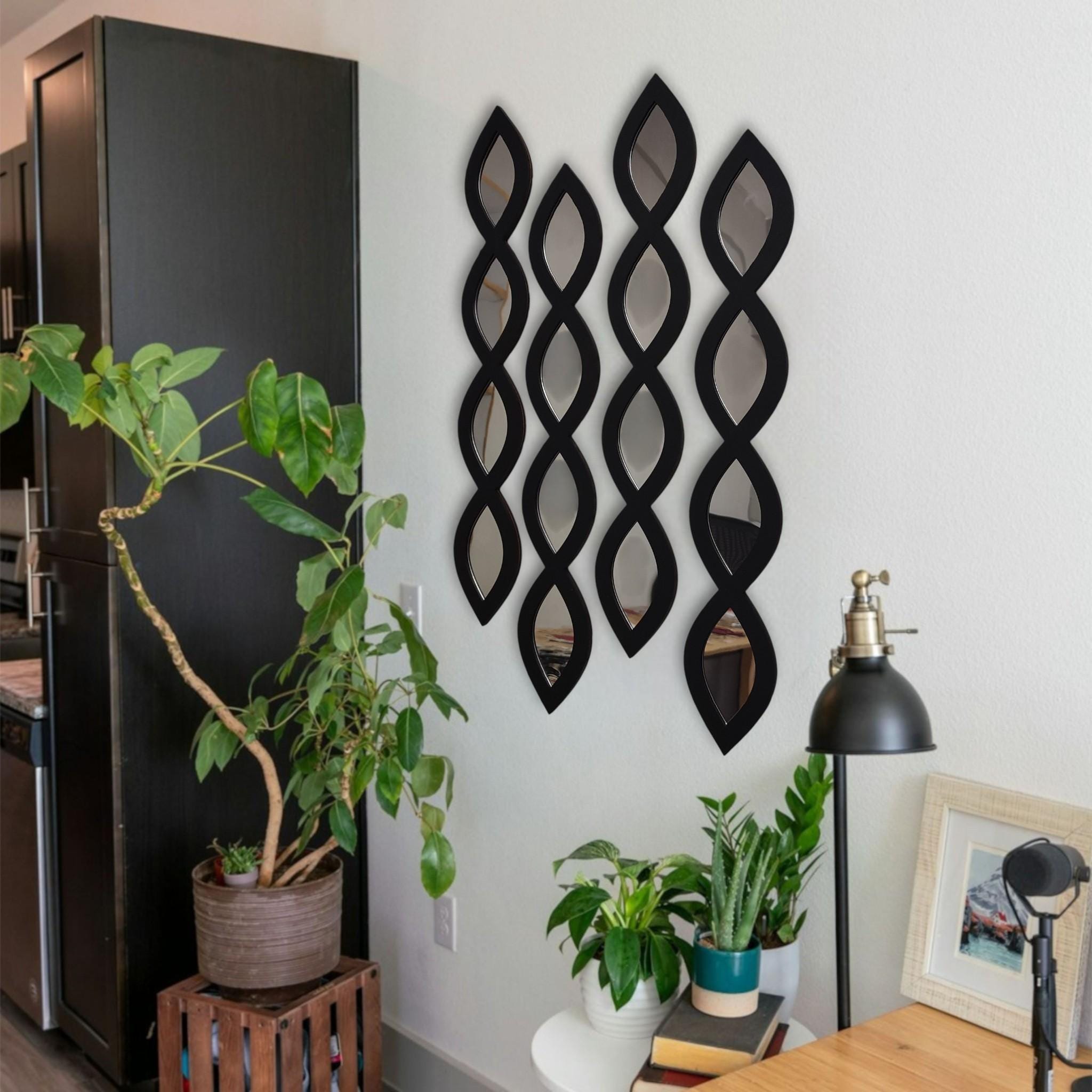 Geometric Mirror Wall Art: Boho Wood & Silver Acrylic, Set of 4