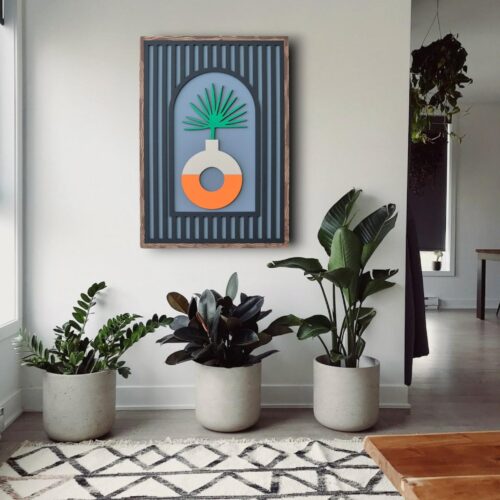 Modern Vase & Leaf Wooden Wall Art | Hand-Painted Home Decor