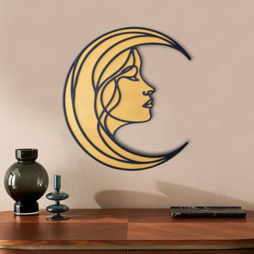 Handmade Crescent Moon Face Wall Art | Boho Wooden Decor