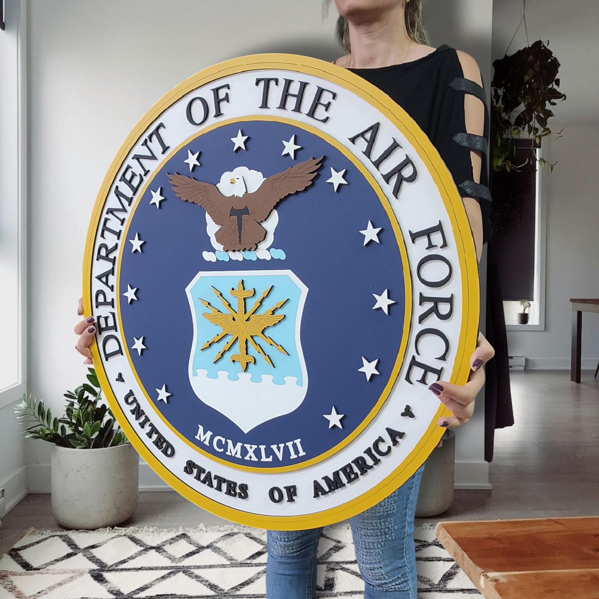 Hand-Painted USAF Wooden Emblem: Patriotic Air Force Wall Art