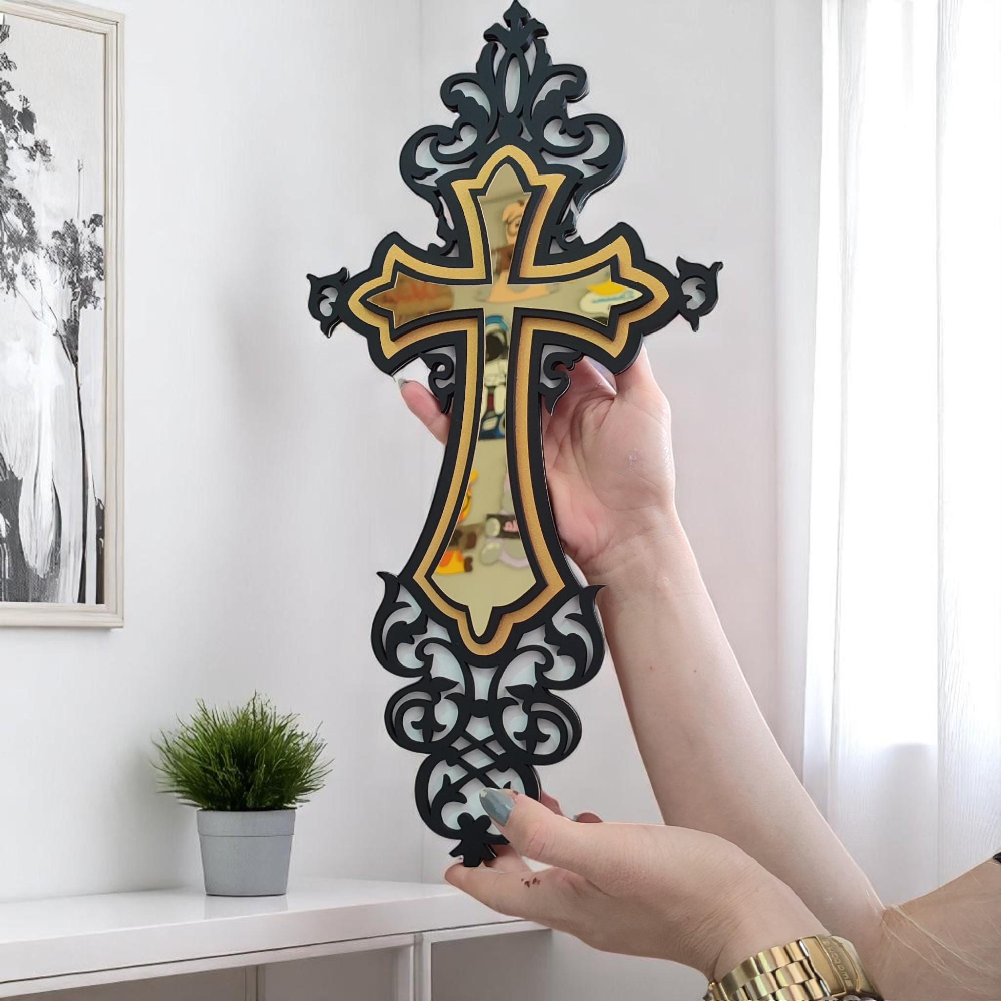 Gold Acrylic Mirror Cross: Modern Religious Wood Wall Art