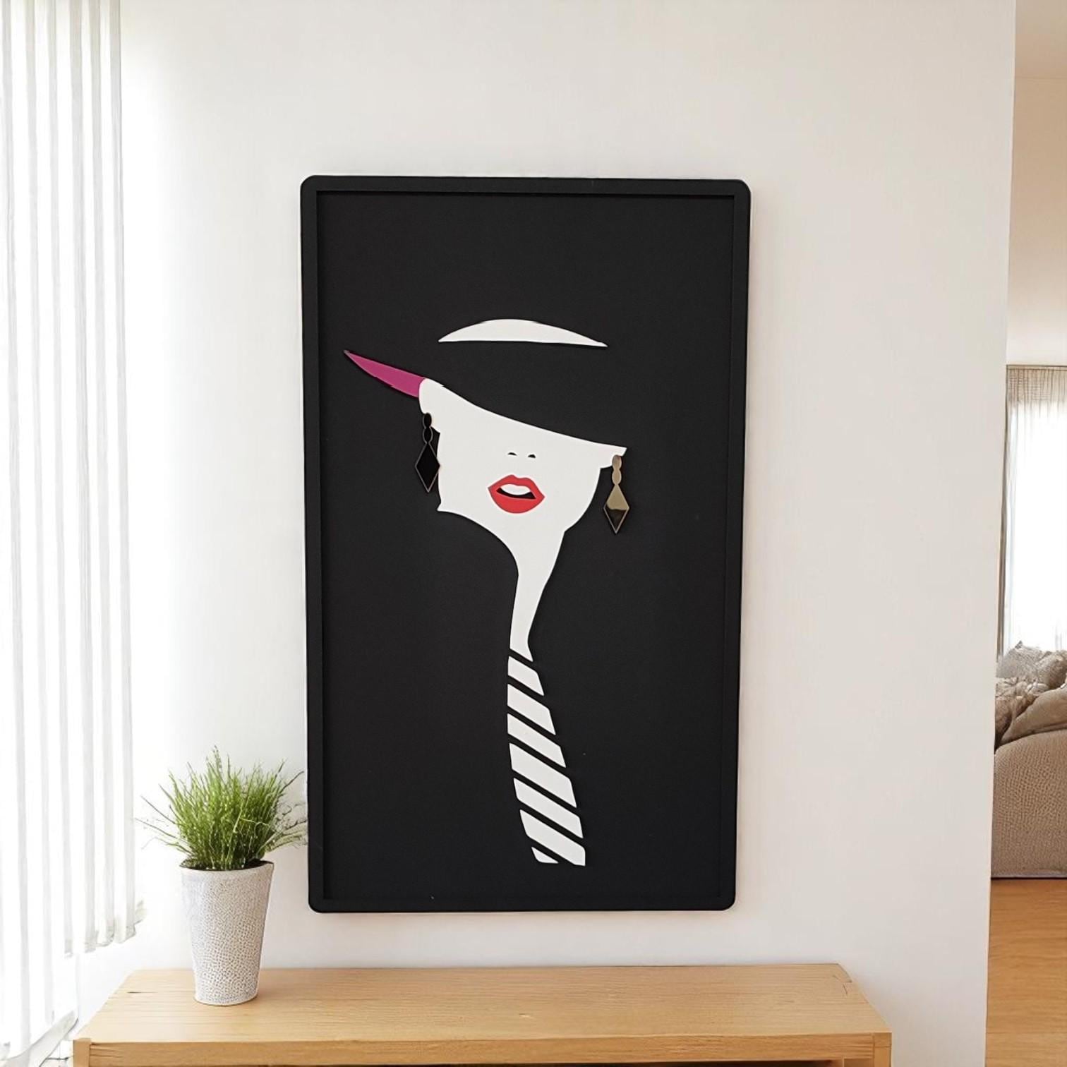 Boho Wooden Woman Face Wall Art: Acrylic Mirror Earring Decor