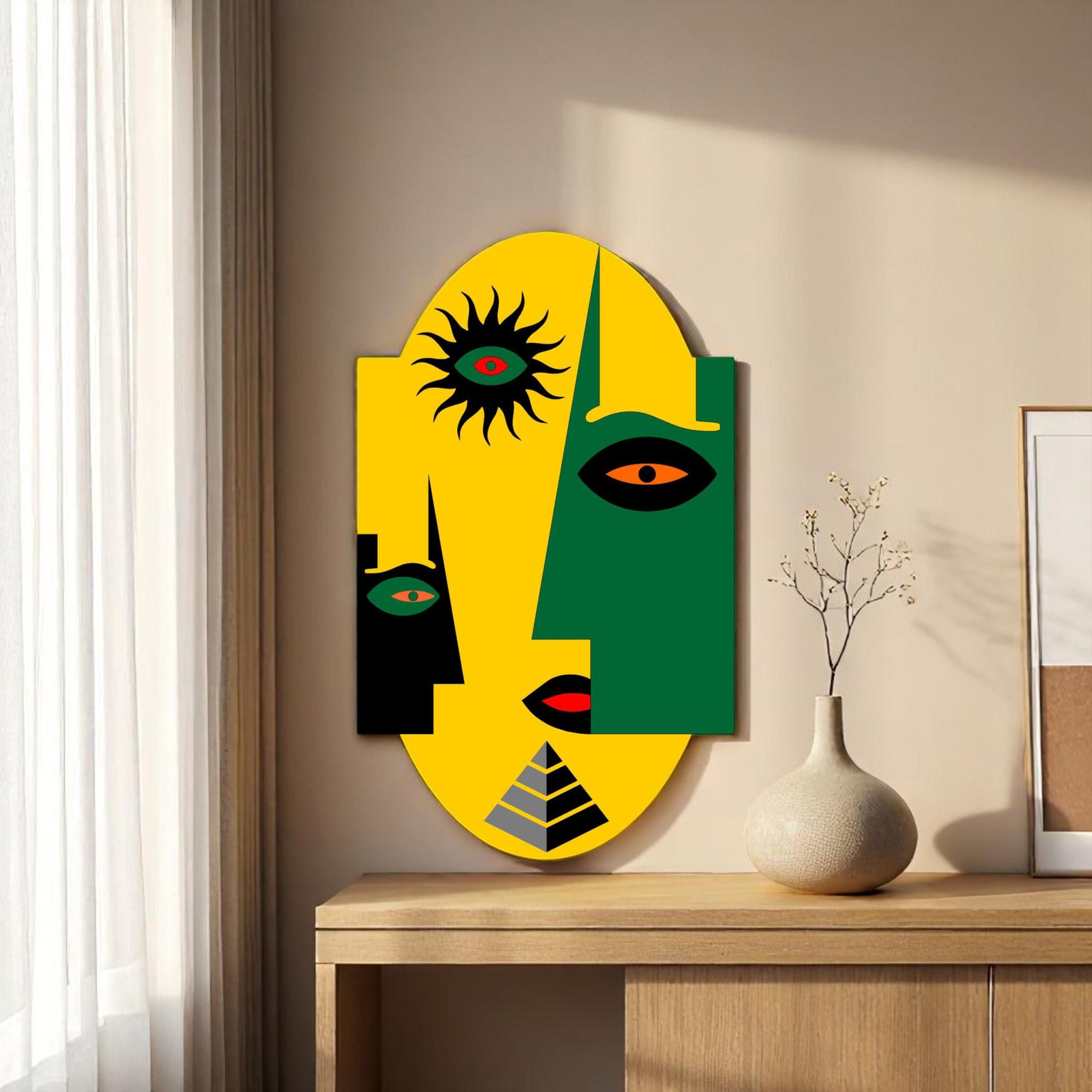 Abstract Sun & Pyramid Wood Wall Art: Boho Geometric Decor