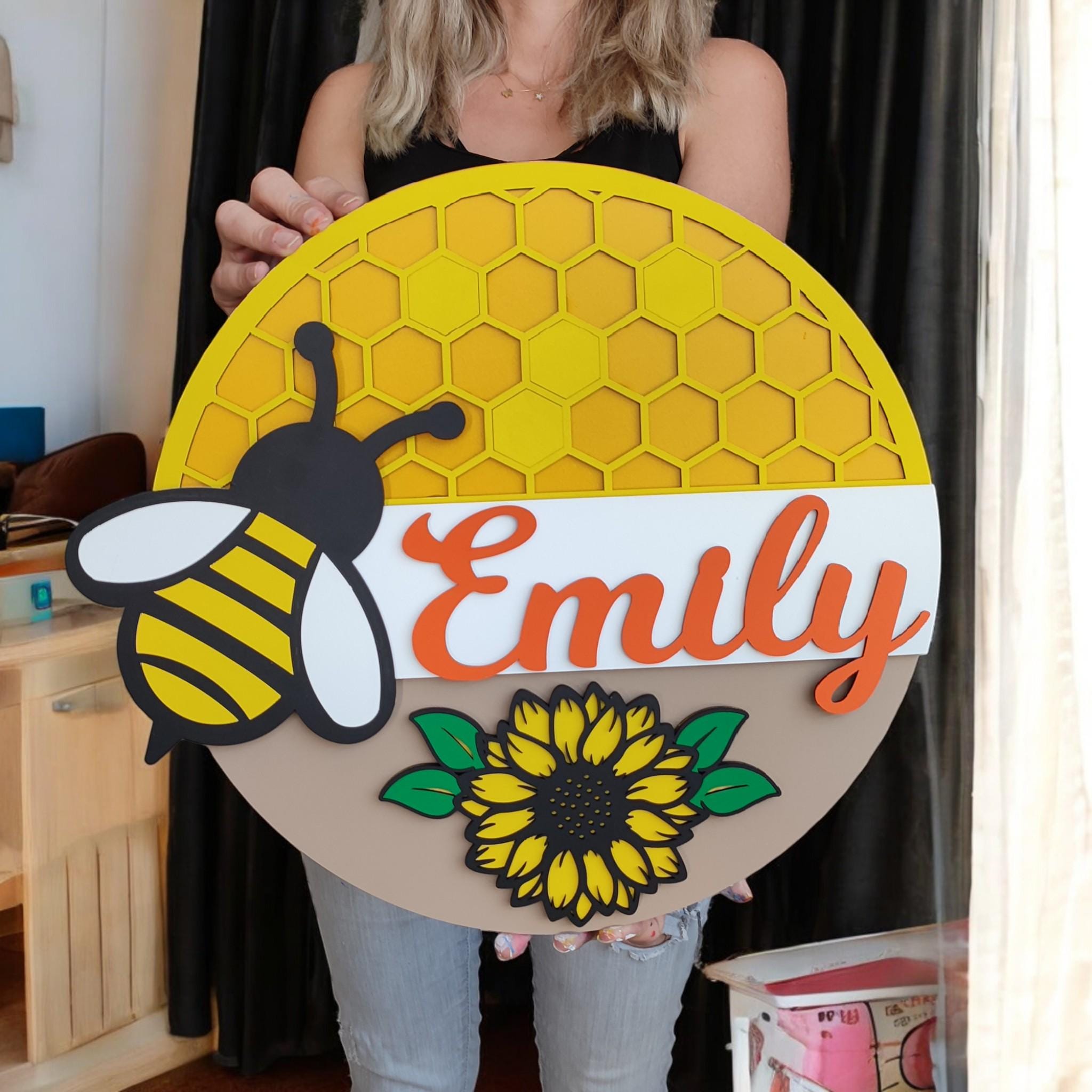 Personalized Bee Honeycomb Kids Room Sign: Hand-Painted Wooden Nameplate