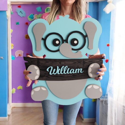 Personalized Elephant Nursery Decor: Hand-Painted Wooden Door Sign