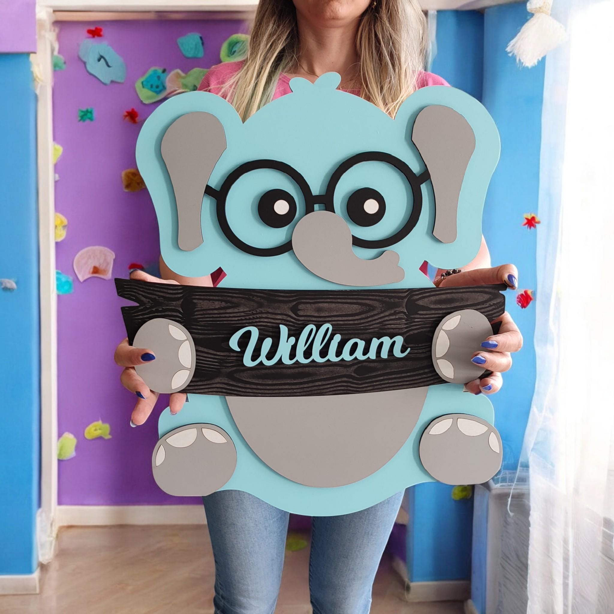 Personalized Elephant Nursery Decor: Hand-Painted Wooden Door Sign