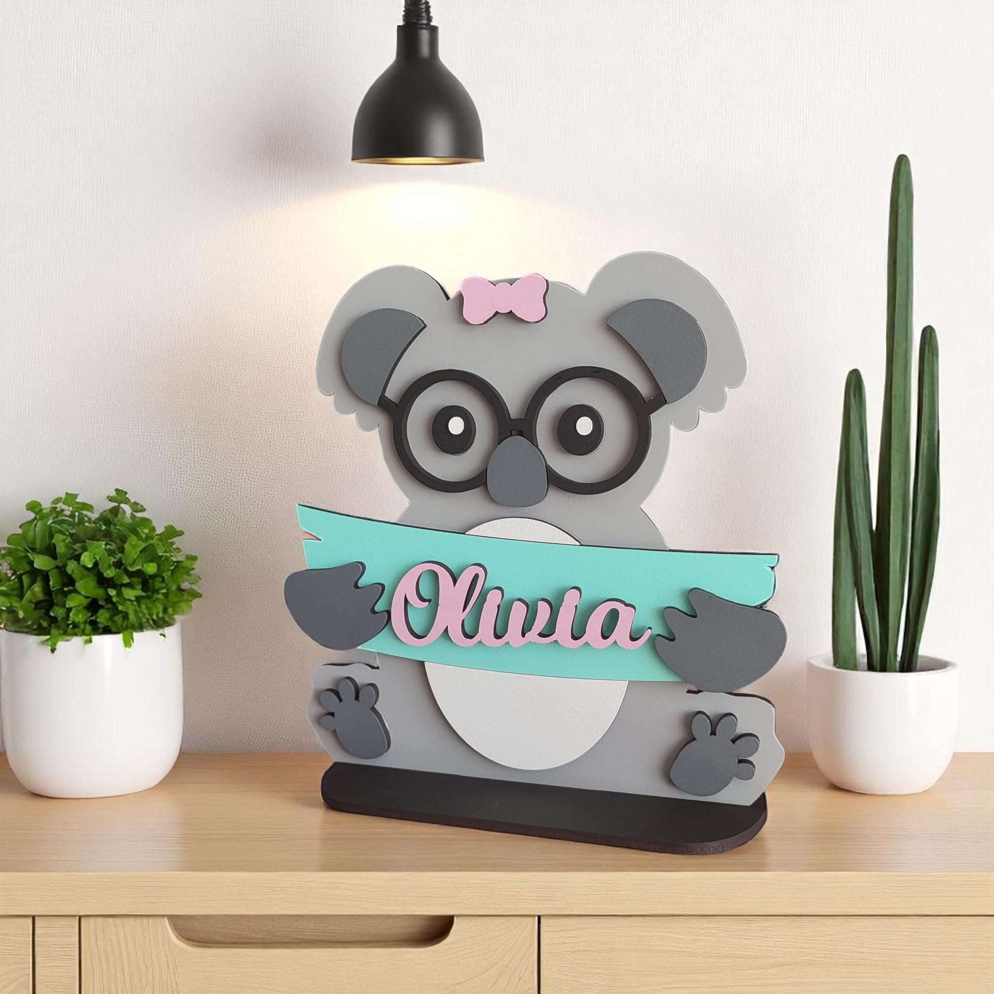 Personalized Koala Desk Decor: Hand-Painted Wooden Nursery Art