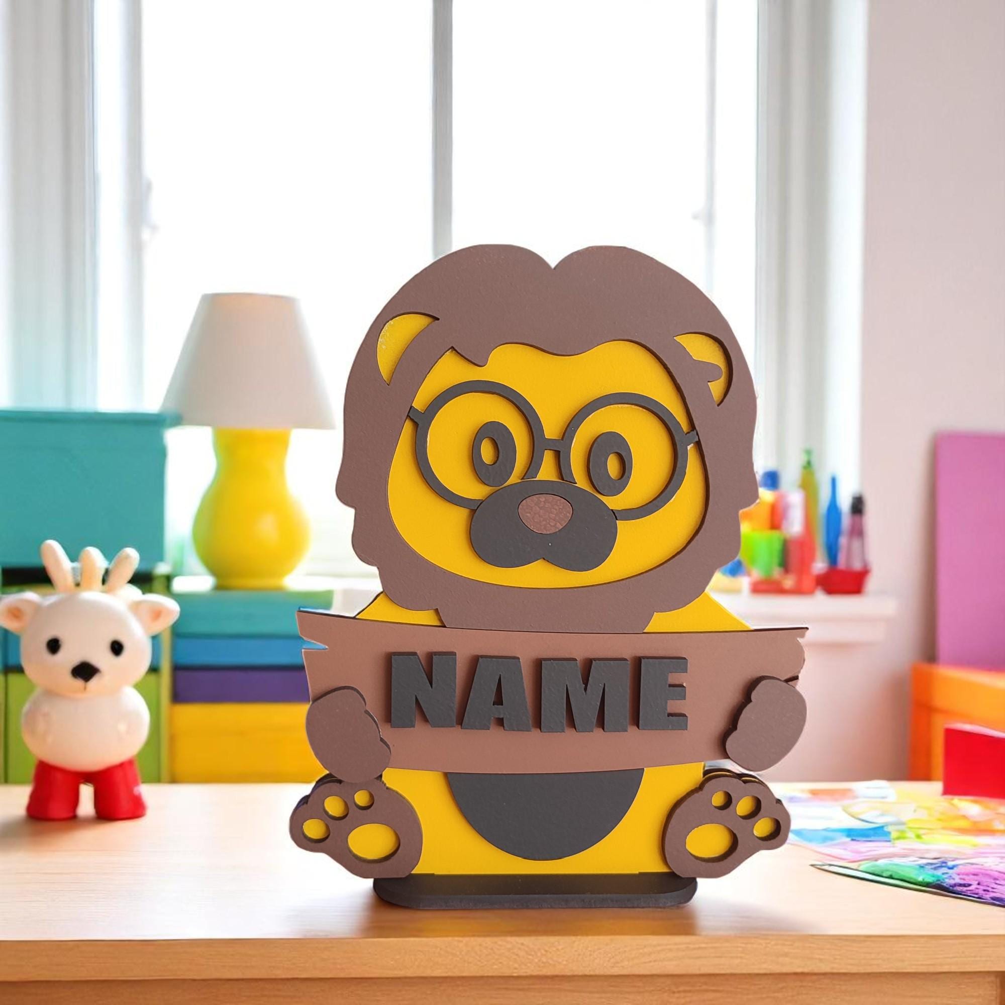 Personalized Lion Desk Decor: Hand-Painted Nursery Animal Art