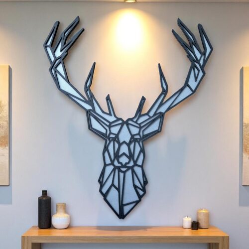 Geometric Deer Head Wood Wall Art: Hand-Painted Modern Rustic Decor