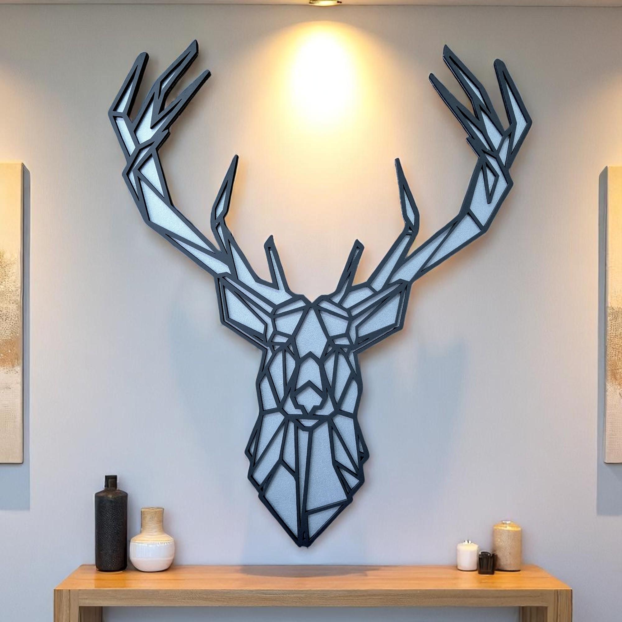Geometric Deer Head Wood Wall Art: Hand-Painted Modern Rustic Decor