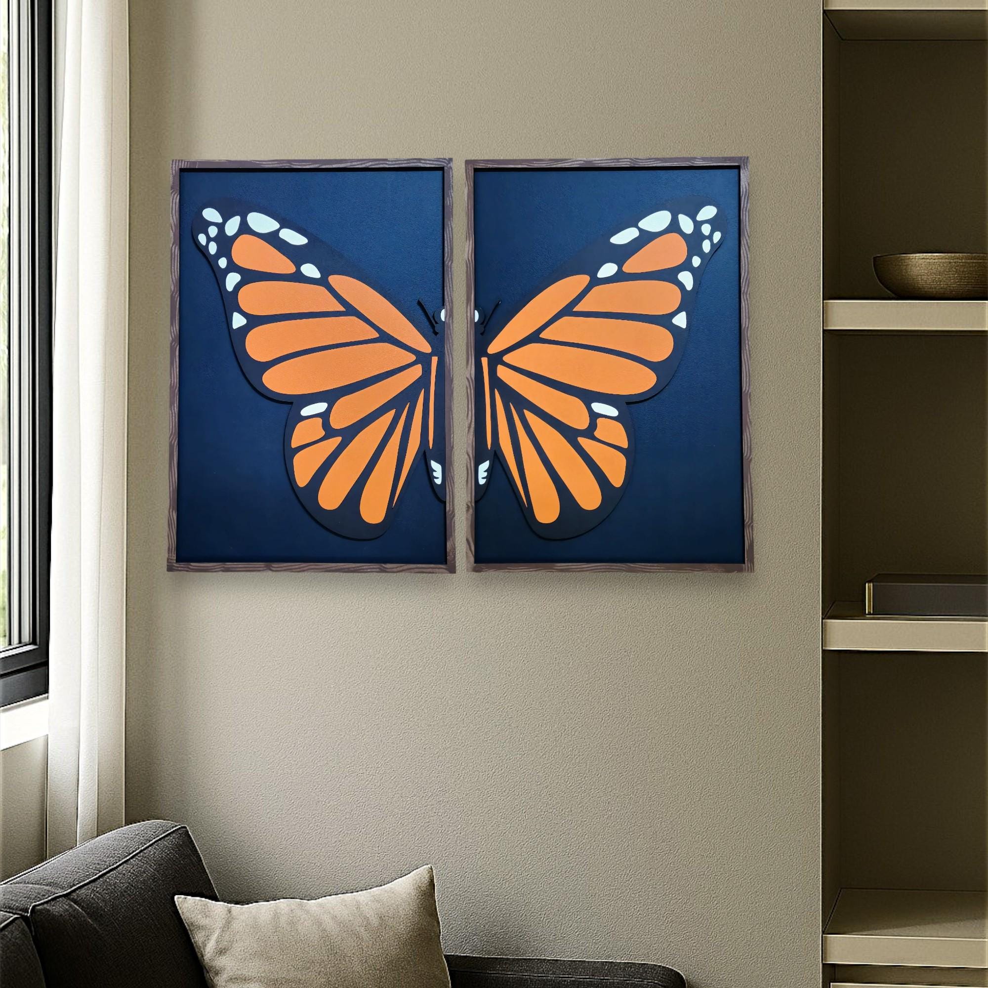 Framed Monarch Butterfly Wood Wall Art: Rustic Boho Decor, Set of 2