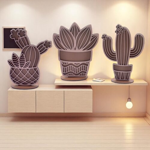 Minimalist Wooden Cactus Figurines: Hand-Painted Succulent Desk Decor