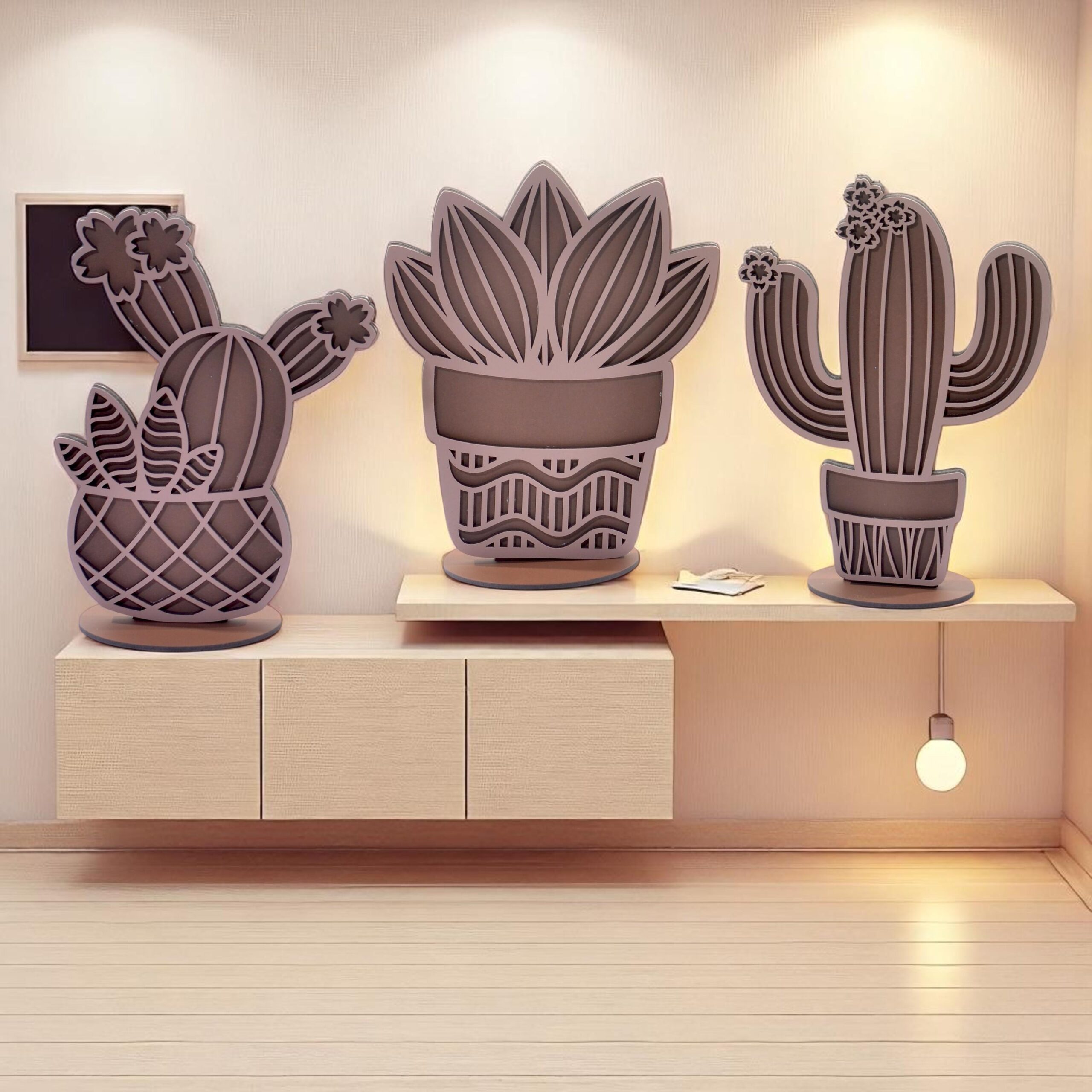 Minimalist Wooden Cactus Figurines: Hand-Painted Succulent Desk Decor