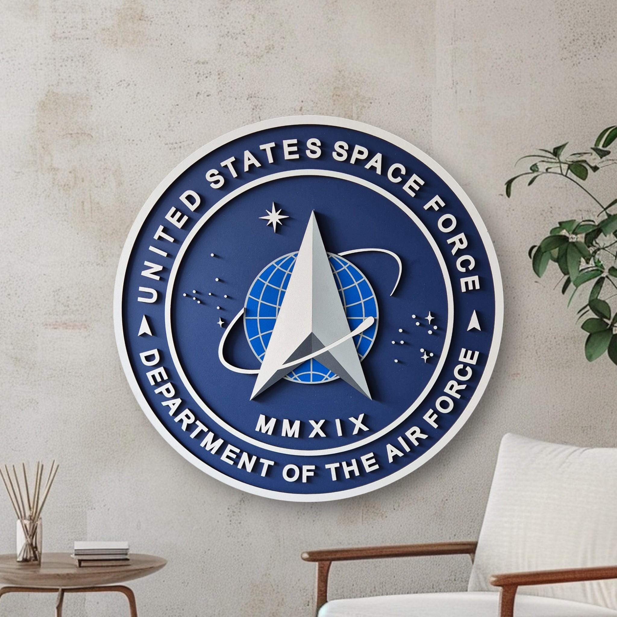 Hand-Painted Space Force Emblem Wall Art: Patriotic Sci-Fi Decor