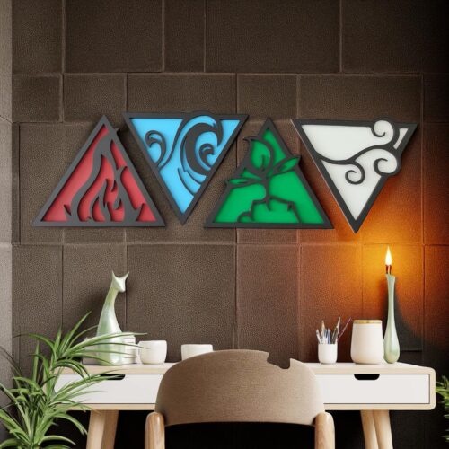 Four Elements Wood Wall Art: Hand-Painted Spiritual Decor