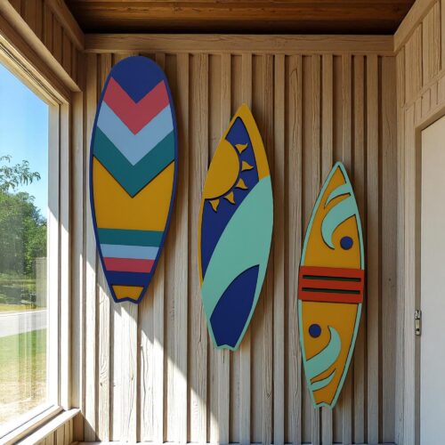Layered Wooden Surfboard Wall Art Set: Coastal Beach House Decor