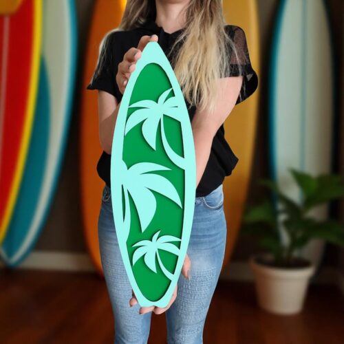 Layered Wooden Surfboard Wall Art: Hand-Painted Palm Tree Coastal Decor