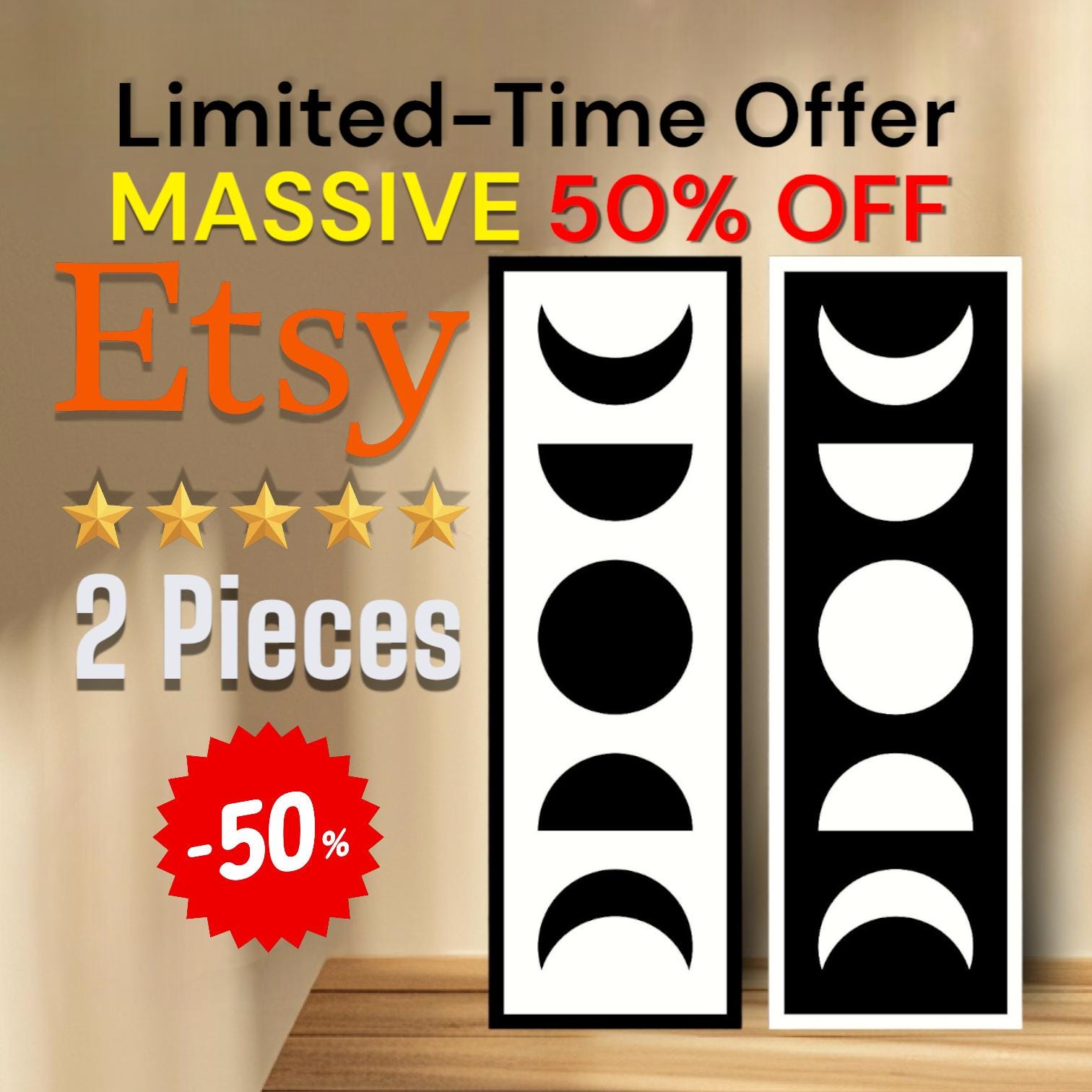 Boho Moon Phases Wooden Wall Art: Lunar Cycle Decor