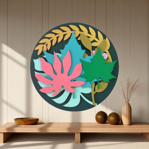 Layered Wood Leaf & Flower Wall Art: Hand-Painted Botanical Decor
