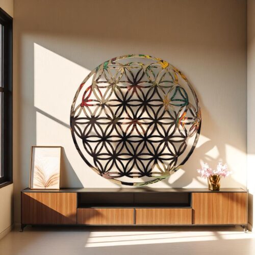 Flower of Life Wall Art: Gold Acrylic Overlay on Wood - Sacred Geometry