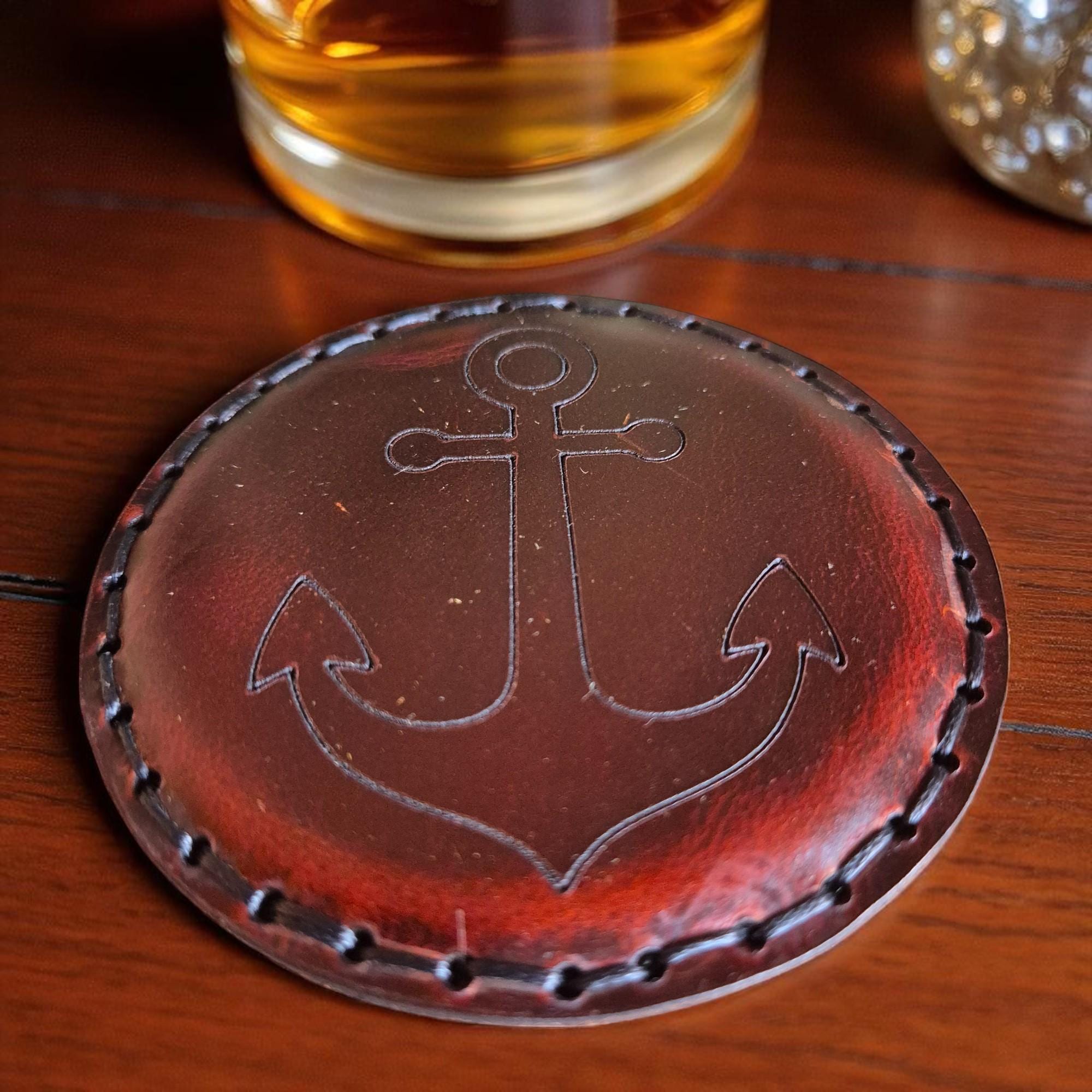 Hand-Stitched Leather Anchor Coaster | Nautical Drink Coaster