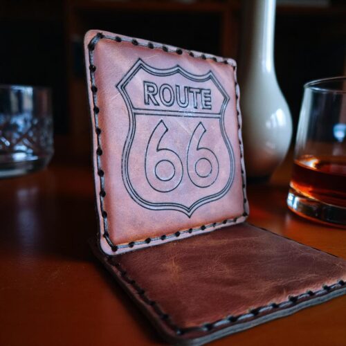 Route 66 Leather Coaster: Hand-Stitched Vintage Road Trip Decor