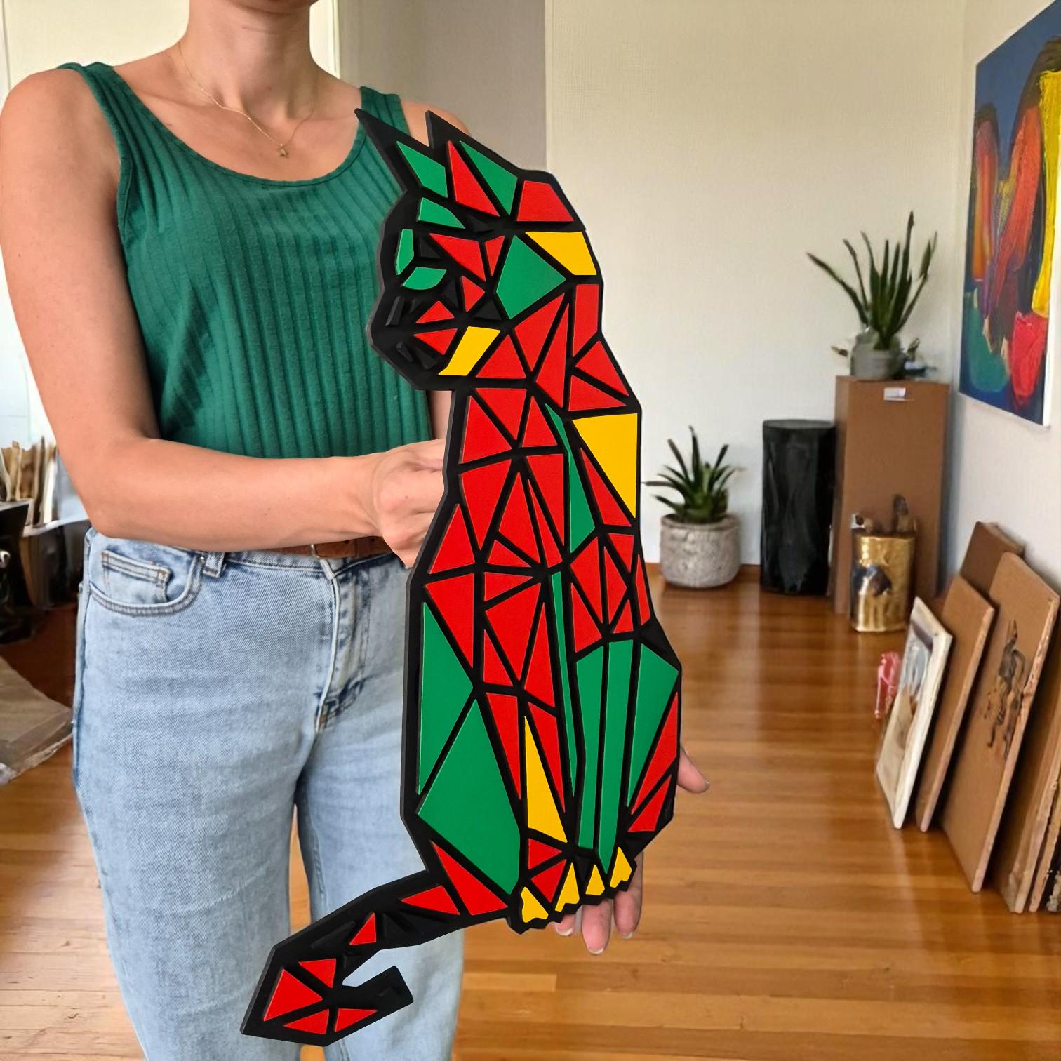 Geometric Cat Wall Art: Hand-Painted Wooden Decor