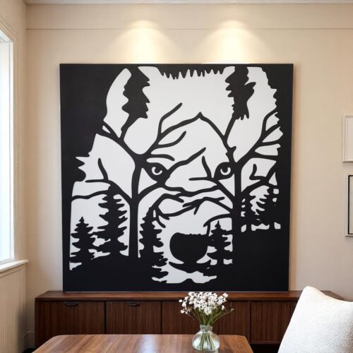 Custom Wolf Silhouette Wooden Sign: Hand-Painted Forest Landscape