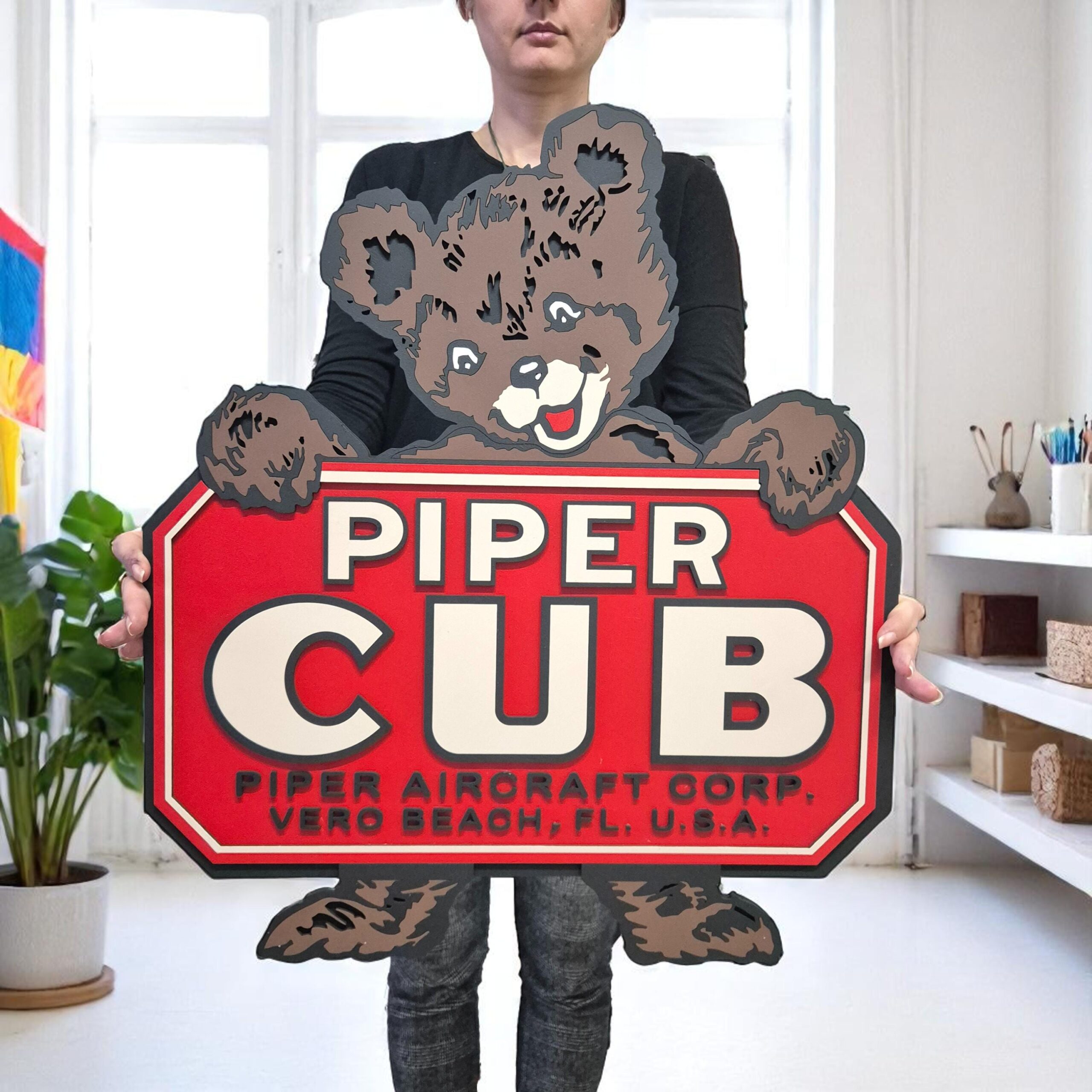 Handmade Piper Cub Wooden Logo: Vintage Aviation Wall Art