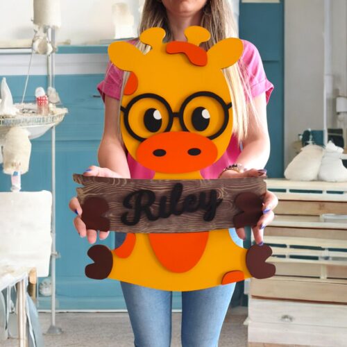 Personalized Giraffe Nursery Decor: Hand-Painted Wooden Wall Art