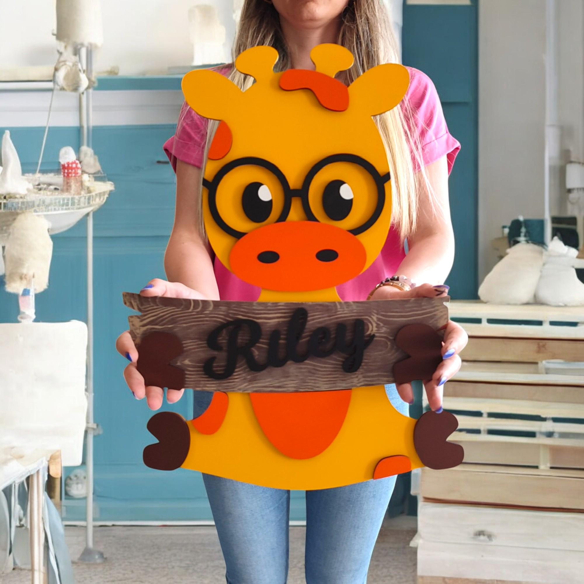 Personalized Giraffe Nursery Decor: Hand-Painted Wooden Wall Art