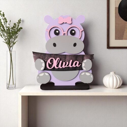 Personalized Hand-Painted Wooden Hippo Desk Stand: Custom Nursery Decor