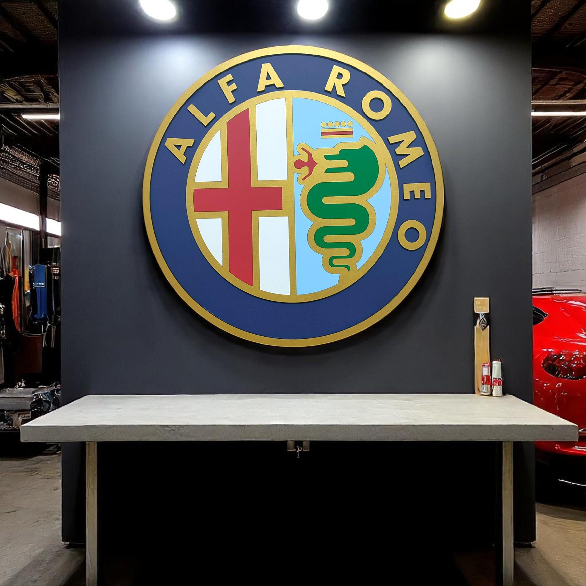 Handmade Alfa Romeo Logo Wooden Wall Art: Vintage Garage Decor