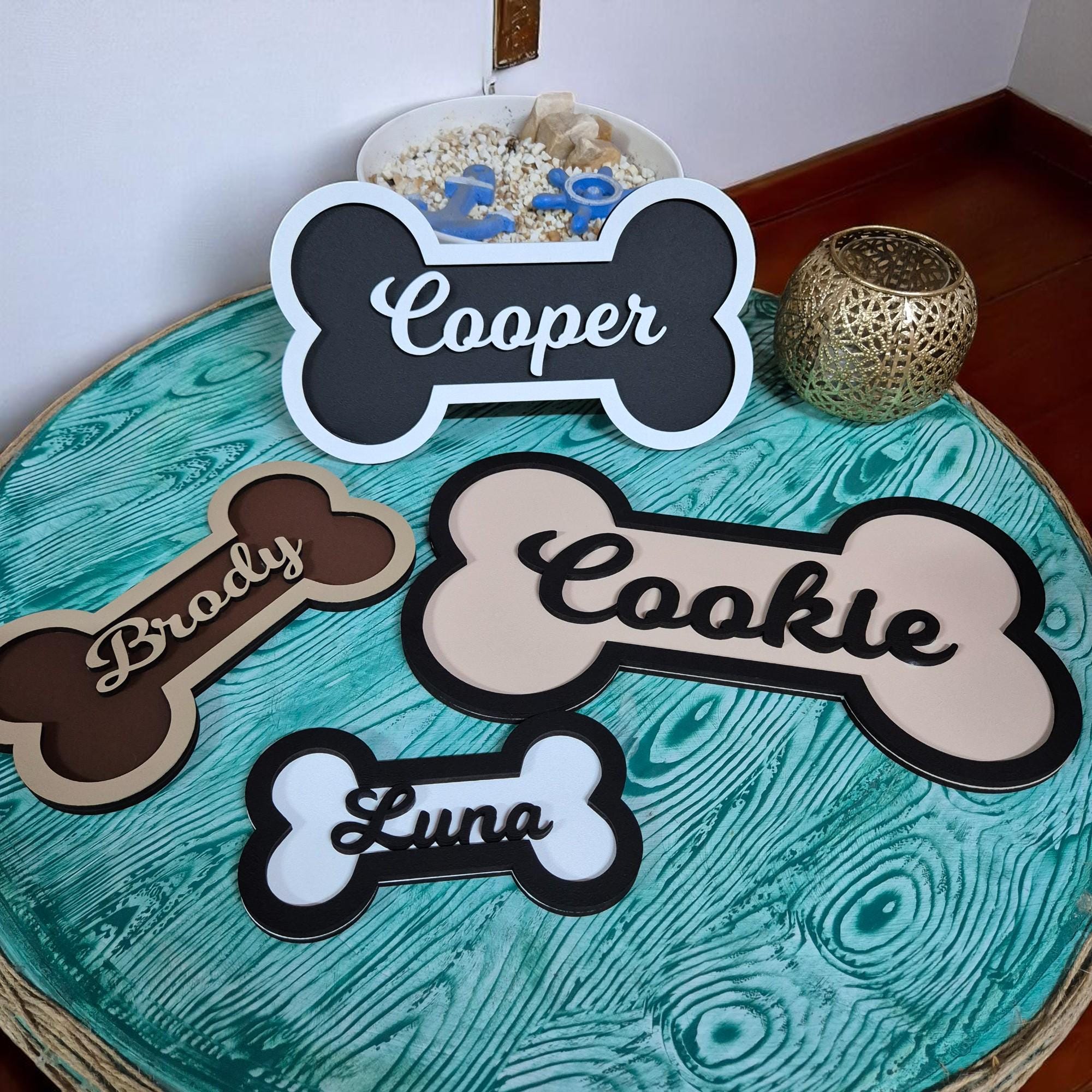 Personalized Dog Bone Name Sign: Hand-Painted Wooden Pet Tag