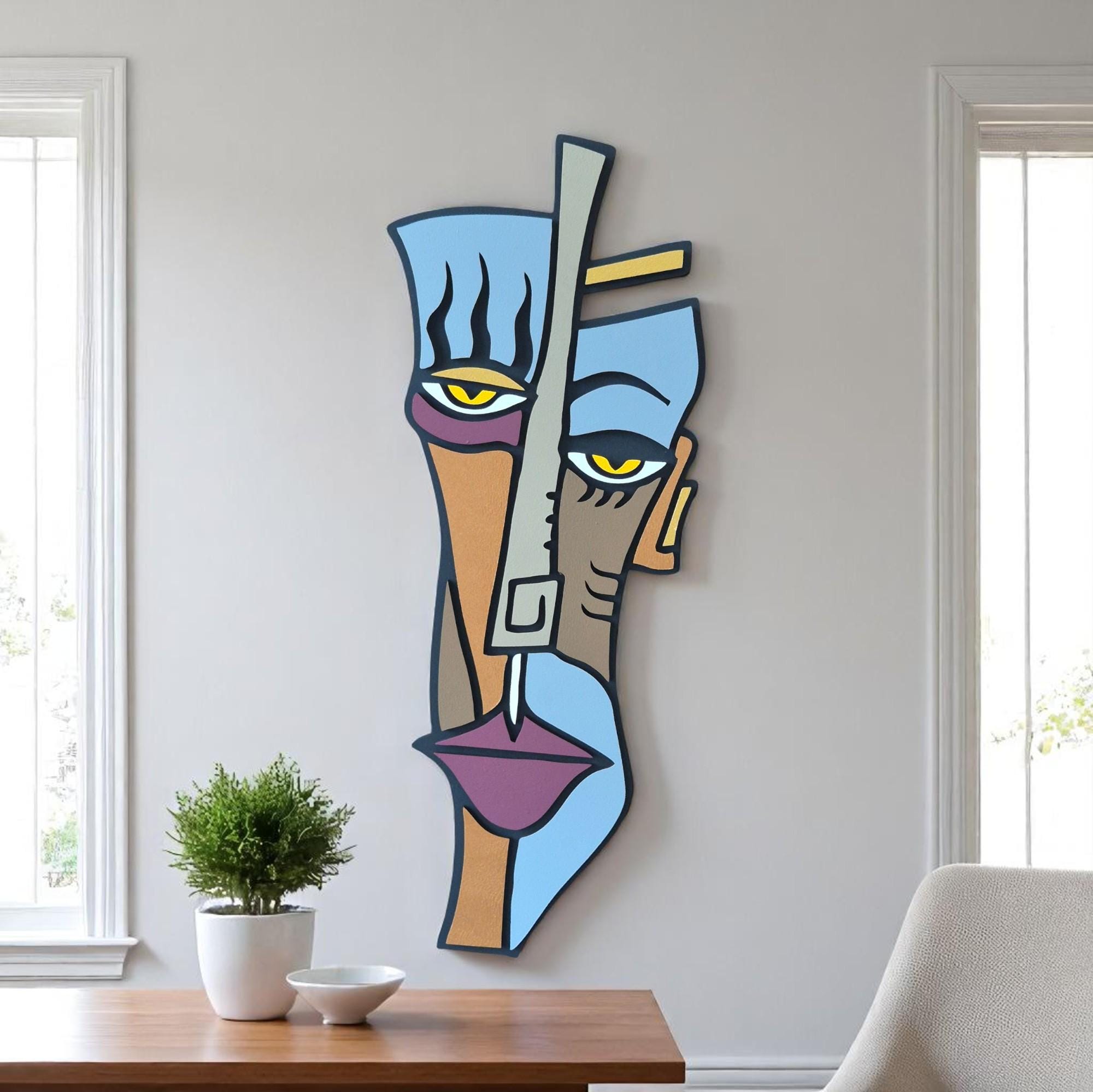 Hand-Painted Picasso Style Wall Art: Colorful Cubism, Wooden Abstract Faces
