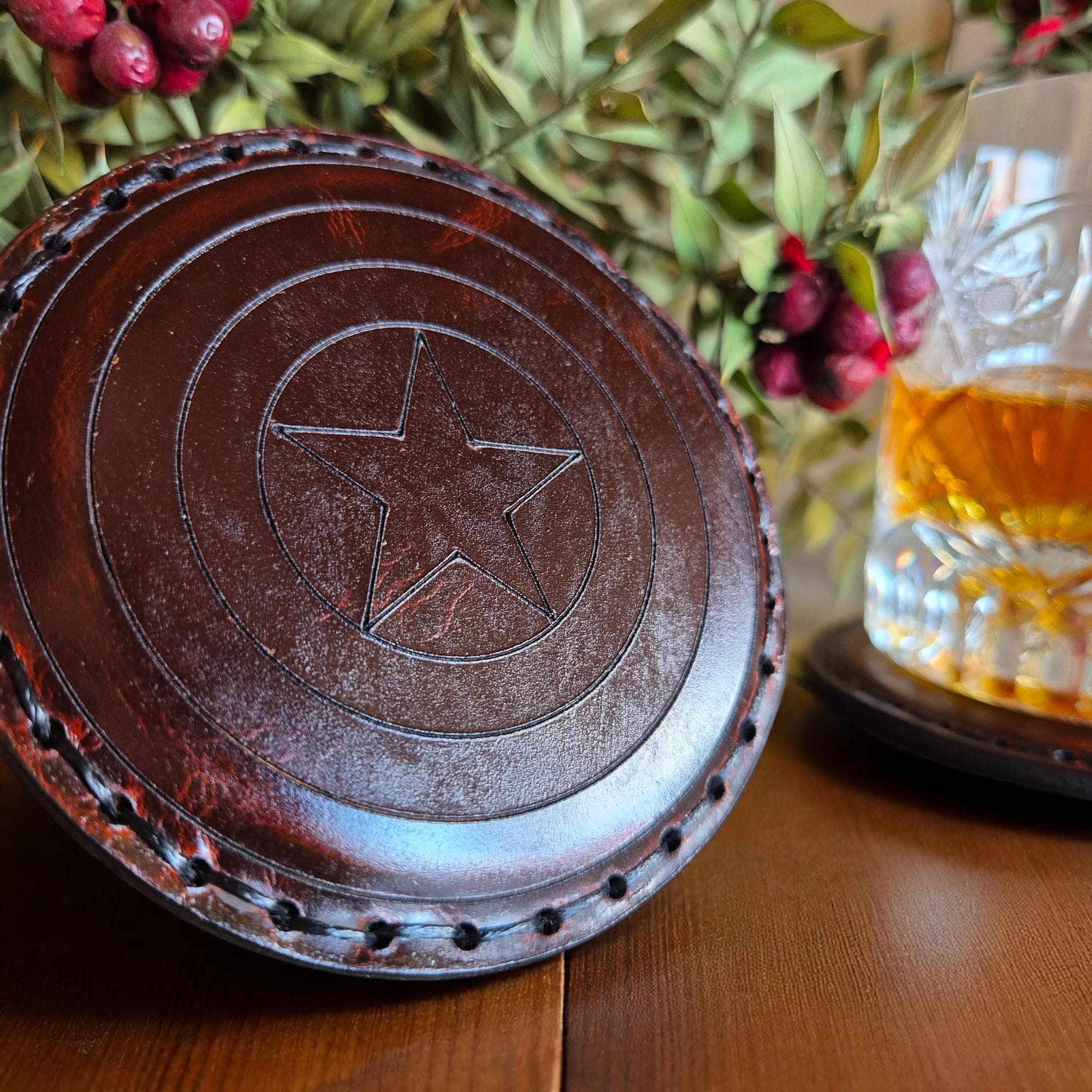 Hand-Stitched Leather Coaster | Captain America Shield, Personalized Gift