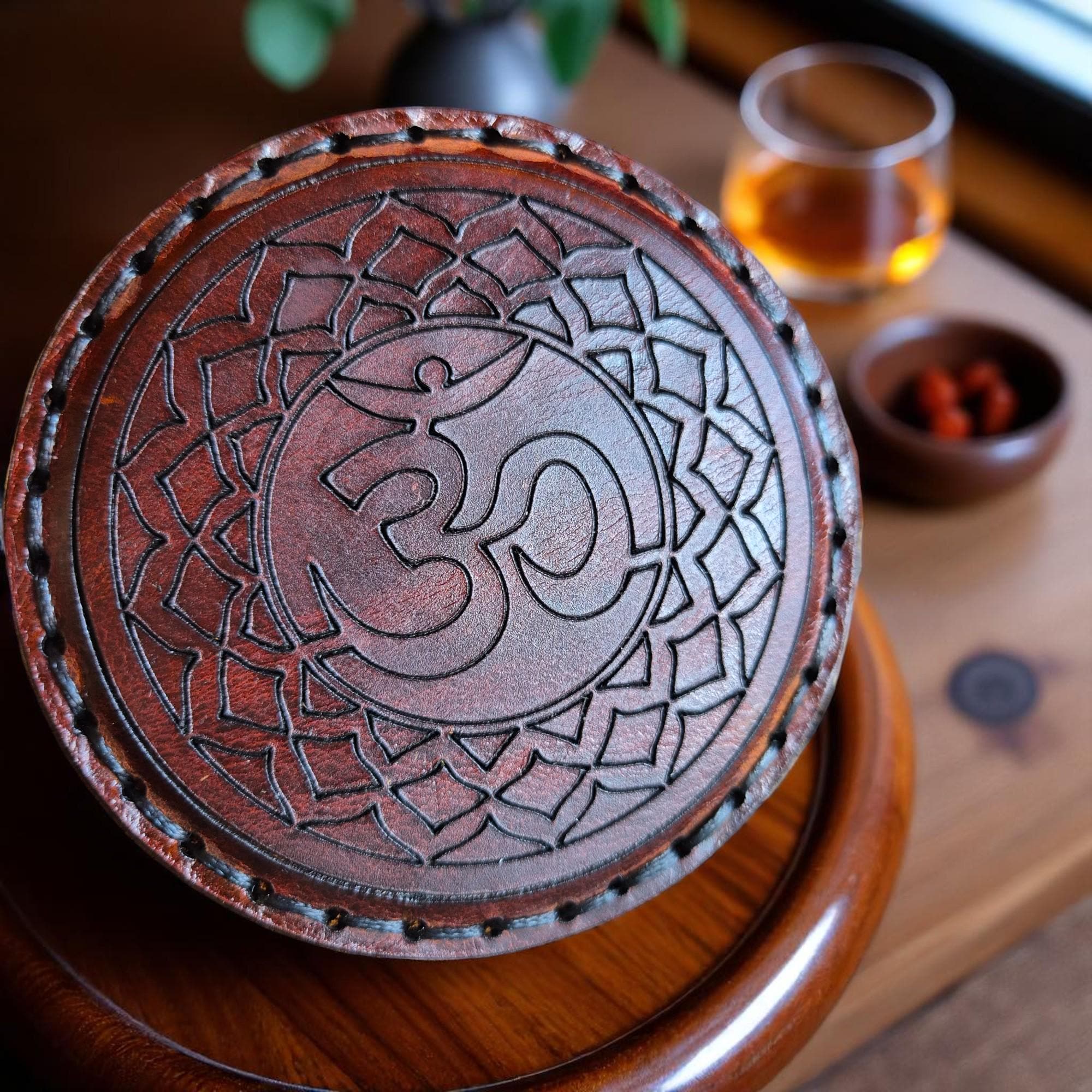 Handmade 7 Chakra Leather Coaster: Spiritual Mindfulness Gift