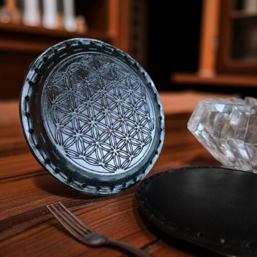 Flower of Life Leather Coaster: Hand-Stitched Spiritual Decor