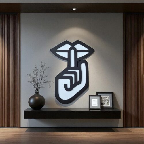 Silence Hand Gesture Wooden Wall Art: Minimalist Quiet Sign Decor