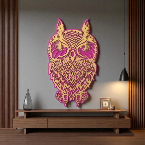 3D Layered Owl Wooden Wall Art: Hand-Painted Boho Decor