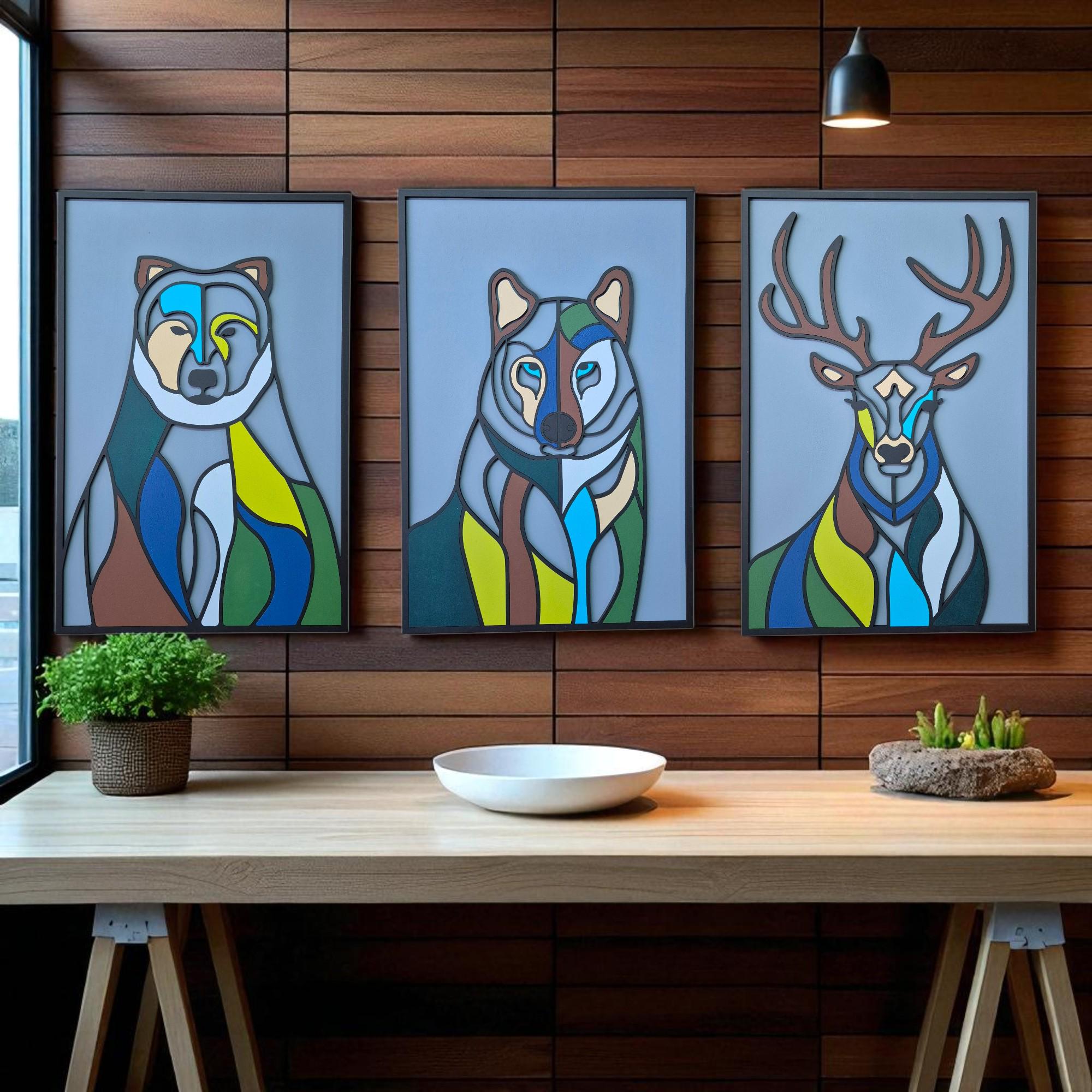 Geometric Animal Wall Art Set: Rustic Wood Bear, Wolf, Deer Panels