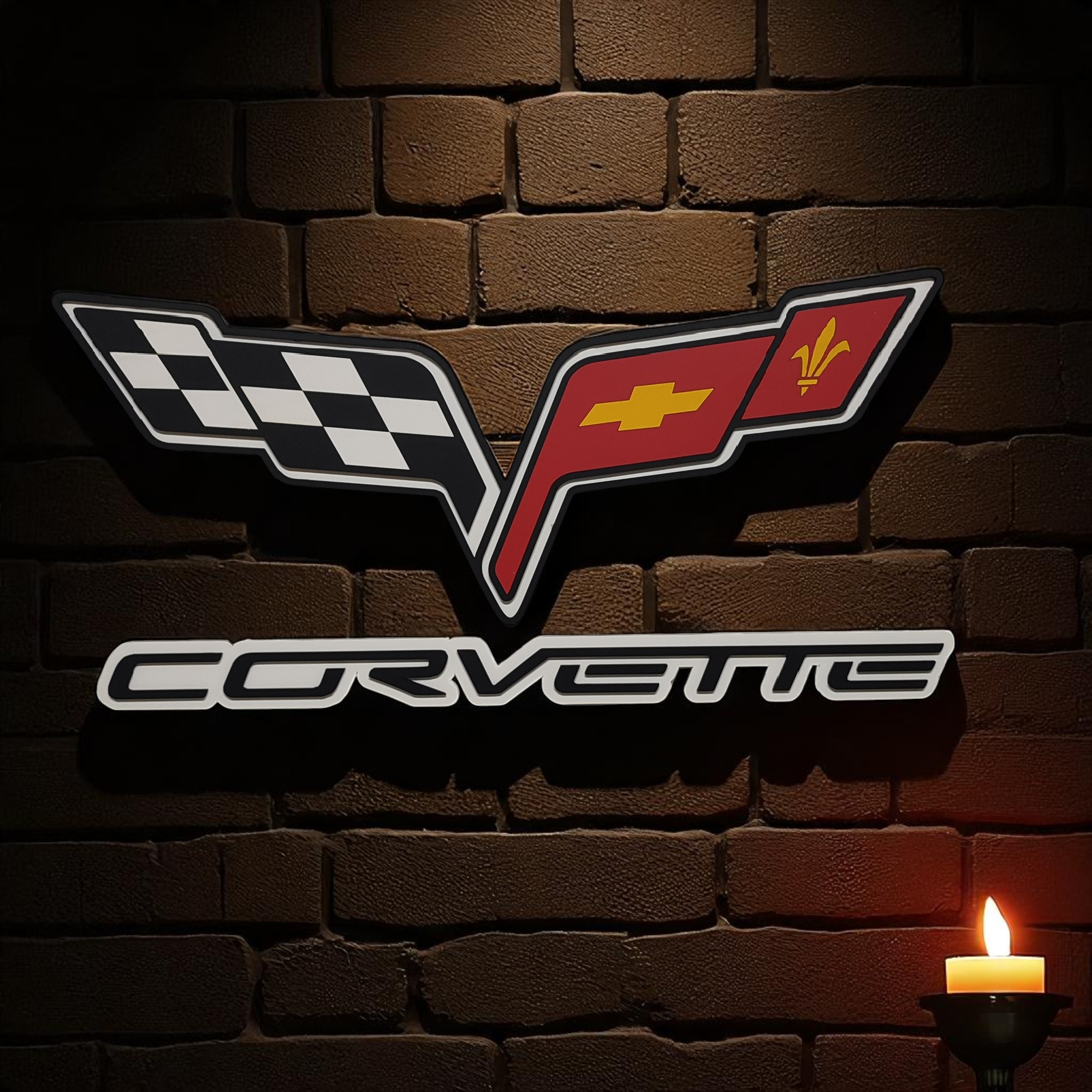 Corvette V8 Engine Wooden Wall Art – 3D Muscle Car Logo Sign – Custom Automotive Decor for Garage – Gift for Car Enthusiasts – Handcrafted Wood Art